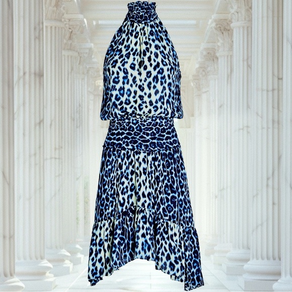 NWT A.L.C. ‘Cody’ Silk Blue Leopard Print Mini Dress Size 0 - Picture 1 of 16